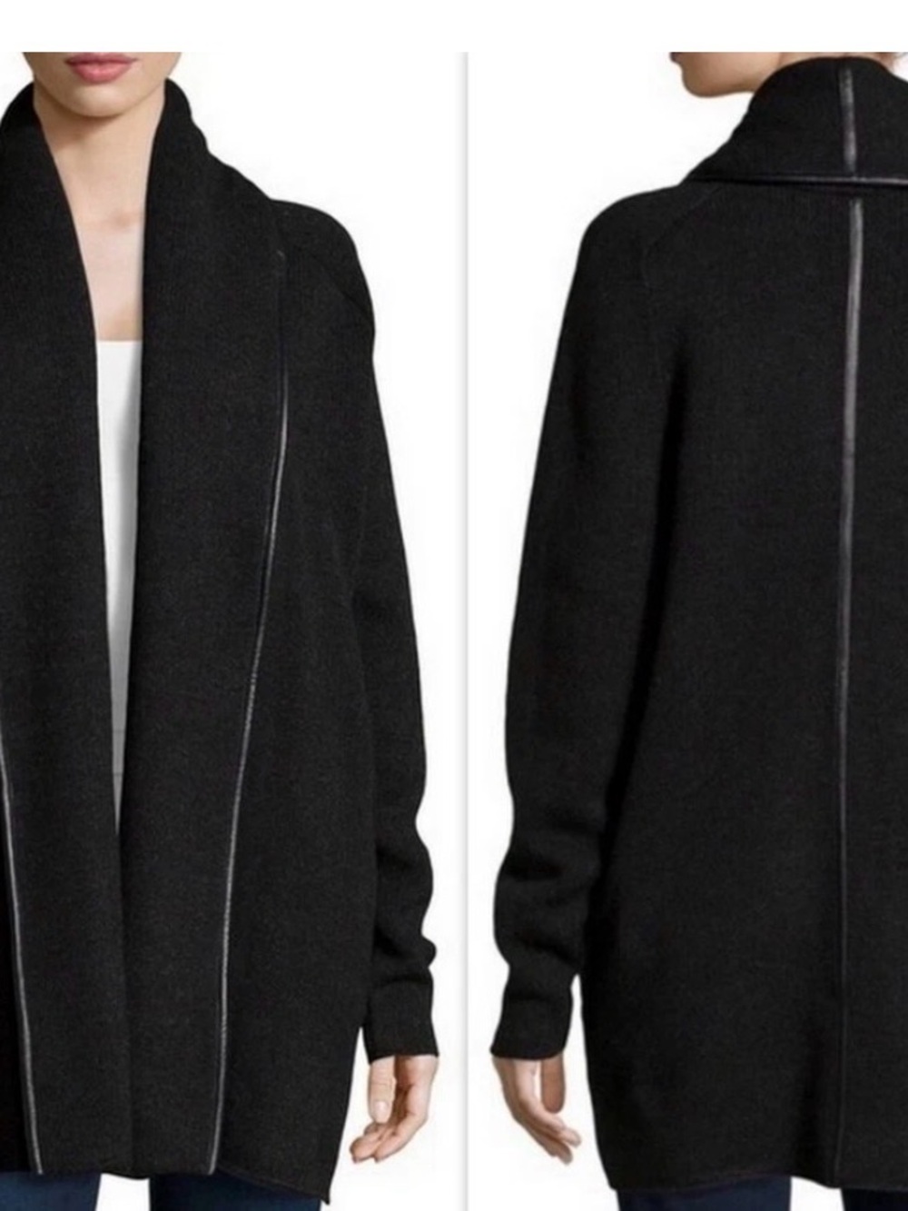 VINCE Open Front Yak & Wool Lambskin Leather-Trimmed Cardigan M Black